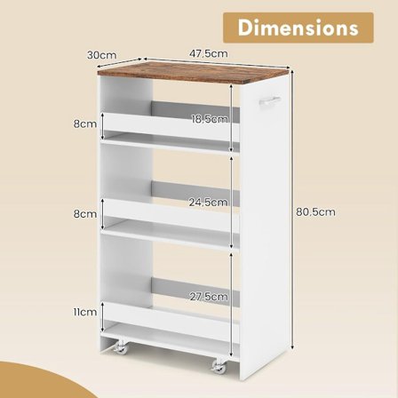 Slank 4-etagers køkkenvogn med håndtag og skinner, hvid