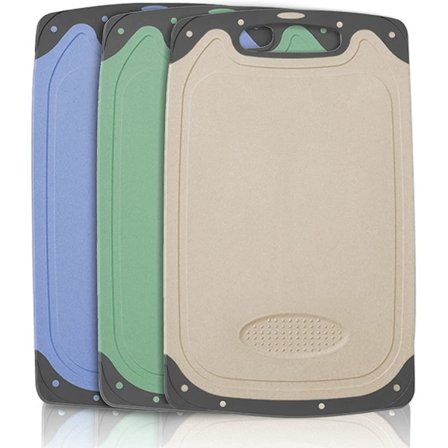 Sæt med 3 skærebrætter, skærebræt i plast med håndtag og saftrille, skridsikker og antibakteriel skærebræt til køkken