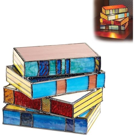 Bordslampa med staplade böcker i målat glas, unik lampa med staplade böcker-tema, handgjorda hantverk Nattlampa för sovrum Julklapp