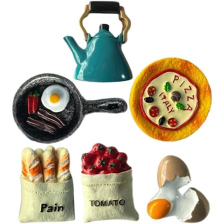 Sæt med 6 søde mad køleskabsmagneter 3D køleskabsmagneter Pizza Æg Plade Tekande Lim Mini Køleskabsmad Mønstre til køkkenkontor Tørring