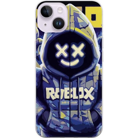 Kompatibelt Mobildeksel til Apple Apple iPhone 15 Blågul Roblox hettegenserfigur med minimalistisk neonstil og masket ansikt, moderne spillillustrasj