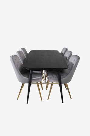 Venture Home - Spisegruppe Gold med 6 spisebordsstole Velvet Deluxe - Sort - Spisebordssæt 6 personer - Fra Homeroom