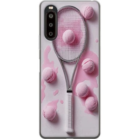 Kompatibelt Mobilskal till Sony Sony Xperia 10 II Rosa glasskulor och tennisrack i en kreativ stillbild med lekfull popkänsla och modern design som s