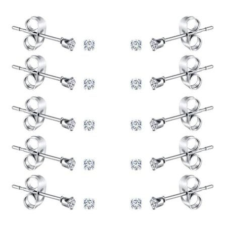 /EA/10 Par Små Dam Rostfritt Stål Runda Klara Cubic Zirconia Örhängen (2mm 3mm 4mm CZ, Kirurgiskt Stål)