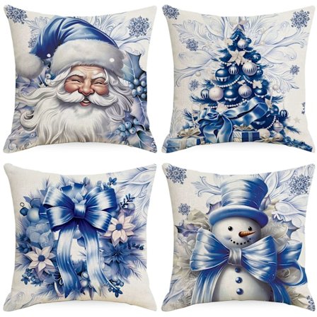 4 stk Blå Juleputetrekk, 18x18", Vintage Julenisse Dekor, Blå Juledekorasjon, Vintage Juleputetrekk