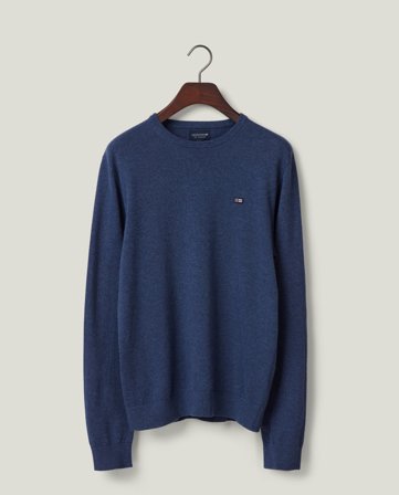 Lexington Baumwoll-Strickpullover mit Rundhalsausschnitt, Mittelblau