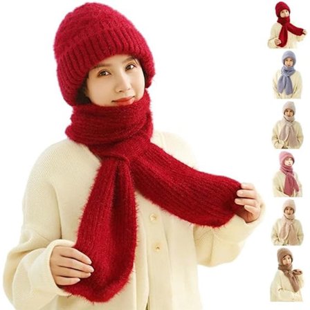 ING Vindtett Lue med Integrert Ørevarmer og Skjerf Dame Vinterlue Strikket Varm Balaklava Hette for Kaldt Vær Rød