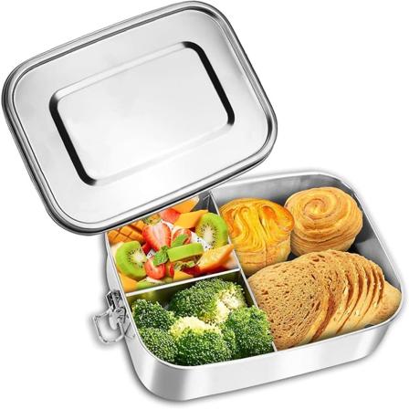 Lunsjboks i rustfritt stål, 1400 ml Lunsjboks i rustfritt stål Lekkasjesikker Brød Rifle Snackboks Med 3 Skillevegger, Plastfri Lunsjboks Bentoboks