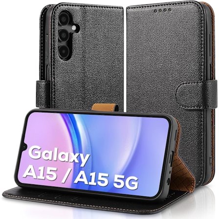 Samsung A15 Telefon Cover - Læder Folio Cover med [RFID Blokering] Stødsikkert [Støtteben] til Samsung Galaxy A15 5G