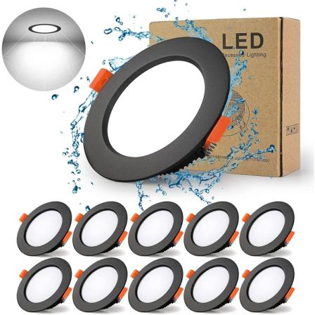 Ultra Slim Svart LED Nedfelt Spotlight, 10-pakning 7W 700lm = 70W Glødelampe, IP44, Kald Hvit 6000K, AC 220-240V, 80-90mm Utskæring, Rund Ultraslim