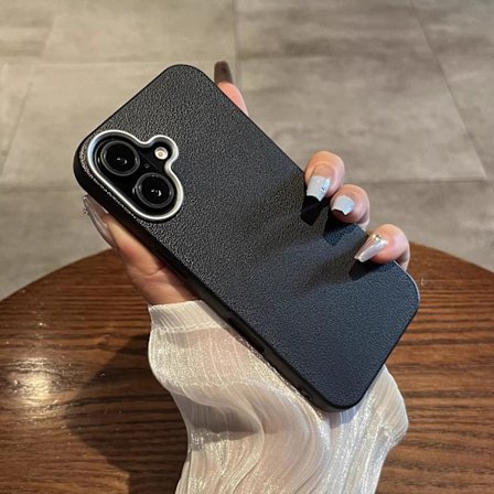 Fodral för iPhone 16promax Svart [slätt läder mjukt skal] Läderstruktur frostad ultratunn Full-Body läder