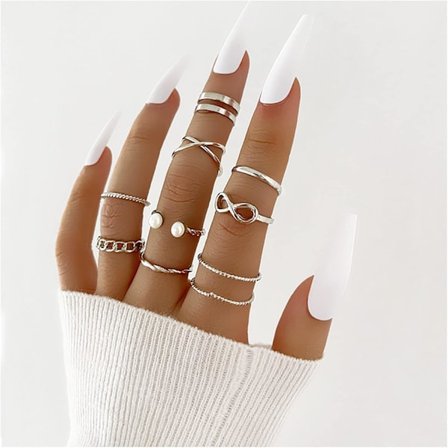 Boho Pearl Infinity Knuckle Rings Set Lucky 8 Wave Twisted Finger Joint Ring Traje Anillos apilables para Mujeres Niñas Hombres (Plateado)