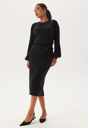 BUBBLEROOM Round Neck Rib Knitted Midi Dress Black 3XL