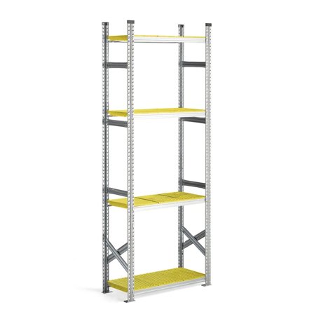 Reol, grunnseksjon med gule plasthyller, 2500x900x400 mm