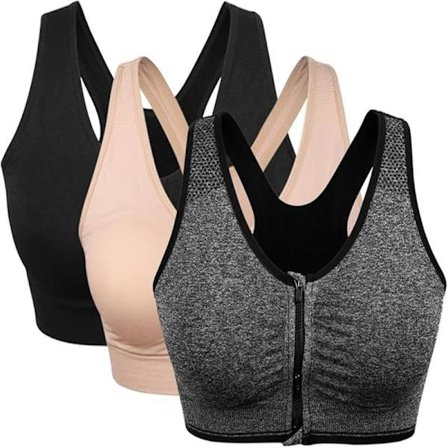 3-pak sports-bh'er til kvinder med lynlås foran, uden bøjle, komfortabel postoperativ bh med udtagelige indlæg BB B