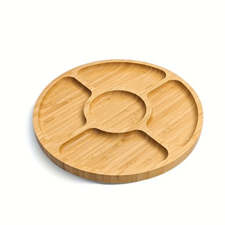 Rund snackskål i bambus med fem rom, egnet for servering av snacks, oppbevaring av gjenstander og bruk på salongbord. Den er laget av materiale av høy