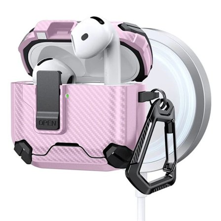 AirPods 4 Skal Magsafe Carbon Fiber med Karbinhake - Svart/Rosa