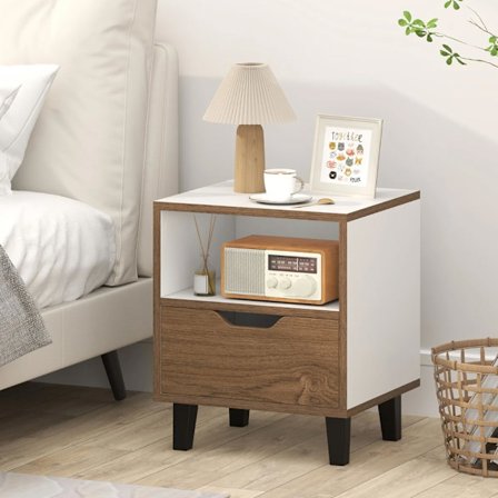 Yöpöytä / sivupöytä laatikolla ja hyllyllä – luonnonpuu/valkoin