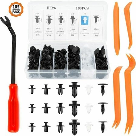 100 bilmonteringsklämmor, plastbilmonteringsklämmor och 4 bildemonteringsverktyg med 1 fast dragare.