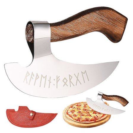 Viking Pizza Økse - Vintage Træhåndtag, Rustfrit Stål Viking Øksehoved, Graverede Runer Viking Pizza Økse, Multifunktionel