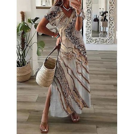 Naisten painetut lyhythihaiset V-kaula-maksimekot Sivuhalkio Kesälomajuhlat Rento pitkät mekot Kuvan väri