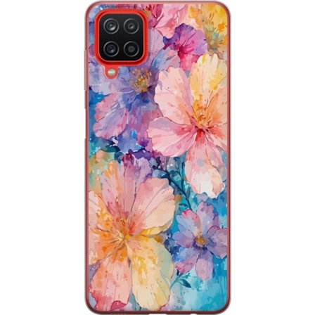 Kompatibelt Mobilskal till Samsung Samsung Galaxy A12 Akvarellmålning med stora blommor i rosa, blå och gula toner i en mjuk konstnärlig stil.