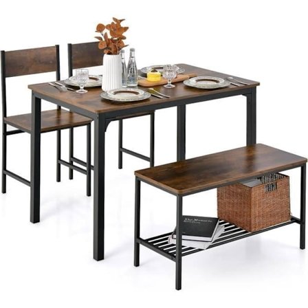COSTWAY bord och 2 stolar 1 bänkset - 4 personer, industriell stil, metallkonstruktion för matsal, restaurang, kök