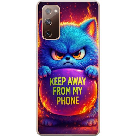 Kompatibelt Mobildeksel til Samsung Samsung Galaxy S20 FE Sinna lodne blå katt med teksten "Hold deg unna telefonen min" i neonfarger og ildlignende