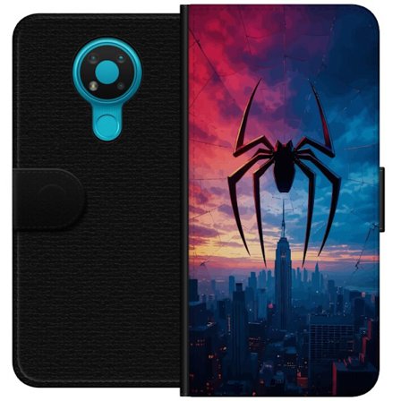 Yhteensopiva Lompakkokotelo Nokia Nokia 3.4 Tyylikäs hämähäkki kaupungin horisontin yläpuolella dramaattisessa auringonlaskussa, graafinen fantas