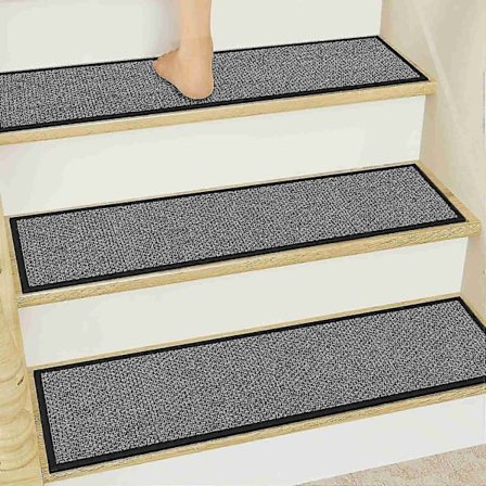 15-pak Store Jute Trappetrin - Skridsikker Gummi Bagside, 30x8 Trappemåtte Betræk, Mellemhøj Bunke, Ensfarvet, Vævet, til Tæppebelagte Trapper - 