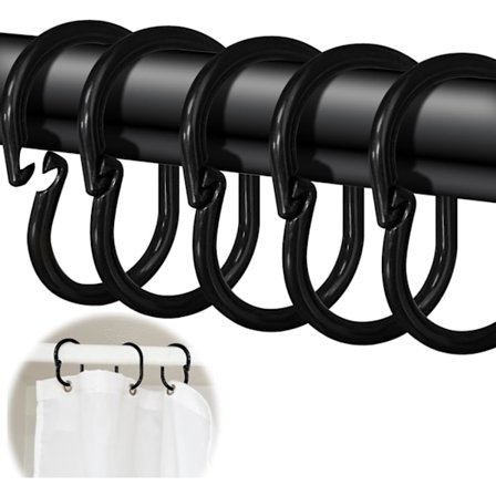 24 stk. C-formede bruseforhængsringe til bruseforhængsstang og hjørne bruseforhængsstang (sort)