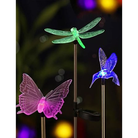 3 LED-väriä vaihtavan aurinkokennovalon setti ulkokäyttöön - Puutarhahahmot (kolibri, perhonen, sudenkorento) - LED-puutarhavalot puutarhakoriste - 