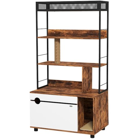 2-i-1 kattebakkeskab, kattebakke med 3-lags hylde, kradsestolpe, foldedør, kattehus til katte under 6 kg, 80 x 48 x 152 cm, rustik brun