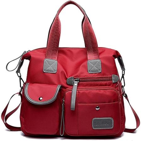 Tote Bag for Kvinner, Stor Kapasitet Topp Håndvesker med Multi Lommer & Glidelås, Lett Dame Skuldervesker, Nylon Cross Body(Ren Rød) Red