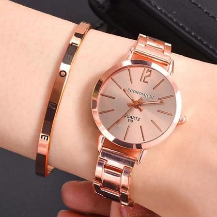 2St Set Set Klocka Lyx Kvinnor Simple Dial Hollow Rem Fashion Guld Armband Kvarts Armbandsklocka Student Damer Klockor Reloja Mujer Ordförande Rose