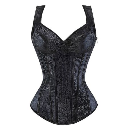 Gothic Jacquard-skulderstropper for kvinner Overbust-korsett Bustier Vekttap Steampunk-korsetter med kopp glidelås på siden Sexy korsett svart