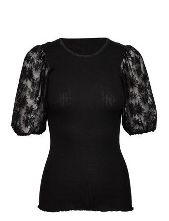 Silk T-Shirt W/ Lace Blouses Short-sleeved Svart Rosemunde