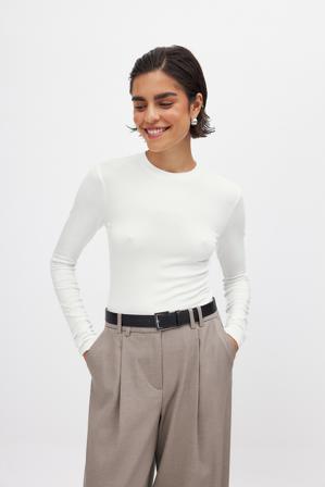 NA-KD Basic Haut manches longues à encolure ronde - Tops manches longues - Blanc - S (EU 34-36)
