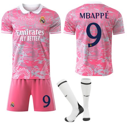 25-26 Real Madrid CF Rosa Drakmönster Special Anniversary Edition NO.9 MBAPPE Tröjor Barn Vuxen Fotbollsutrustning med Strumpor