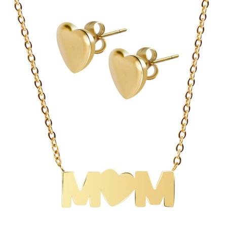 Guld Smyckesset i Stål - Halsband & Örhängen - Hjärta & Mom