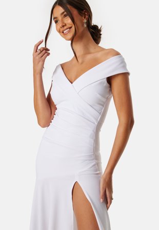 Goddiva-Bardot Pleat Maxi Split Dress-L (UK14)