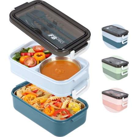 Madkasse med Suppeskål Blå Lufttæt Lækagesikker Bento Boks med Rum og Bestik BPA Fri til Voksne og Børn