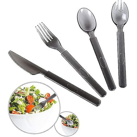 Plastskjeer og -gafler, gjenbrukbare, svarte og klare, for fester, salatsett