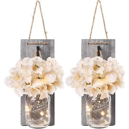 2 Rustika Mason Jar String Lights - Silk Hydrangea Och Led String Lights För Hem, Jul, Vägg Och Trä Dekoration Med Konstgjorda Blommor