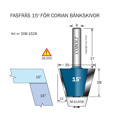 Cobolt 208-1526 Kantfres 15° D=35 L=26 F=6,5 TL=74 S=8, Maskintilbehør & forbruk