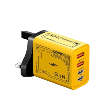 Kraftfuld 120W oplader med dobbelt USB og to PD Type C-porte til samtidig opladning