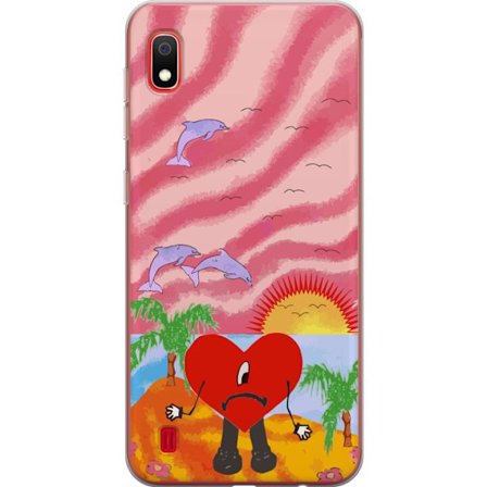 Kompatibel Mobilcover til Samsung Galaxy A10 Bad Bunny i en farverig quiltet jakke med hjertemønster og solbriller i moderne gade stil