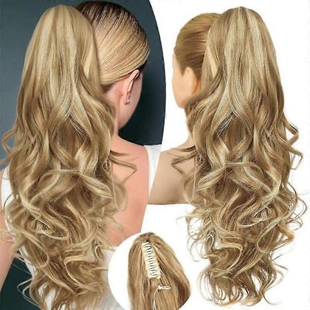 Klämman Blont med Slingor Hästsvansförlängning, 61 cm Lång Lockig Vågig Klämma i Hästsvans Hårförlängningar, Käkklämma på Hästsvansar Fluff