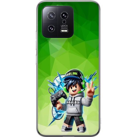 Yhteensopiva Puhelinkuori Xiaomi 13 Roblox-inspiroitu pelaajahahmo, jossa on kuulokkeet, ohjain ja energiset efektit vihreää taustaa vasten