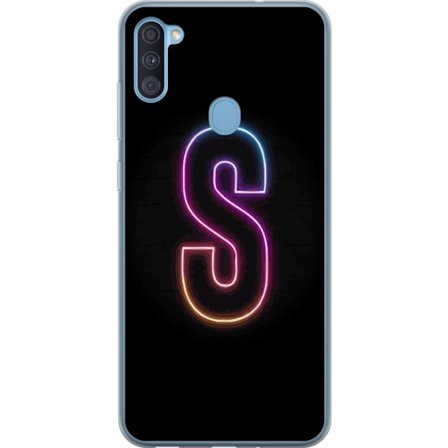Kompatibelt Mobildeksel til Samsung Samsung Galaxy A11 Neonbokstav S i lysende rosa og blå toner mot mørk bakgrunn, stilig bokstavkunst med retrofut